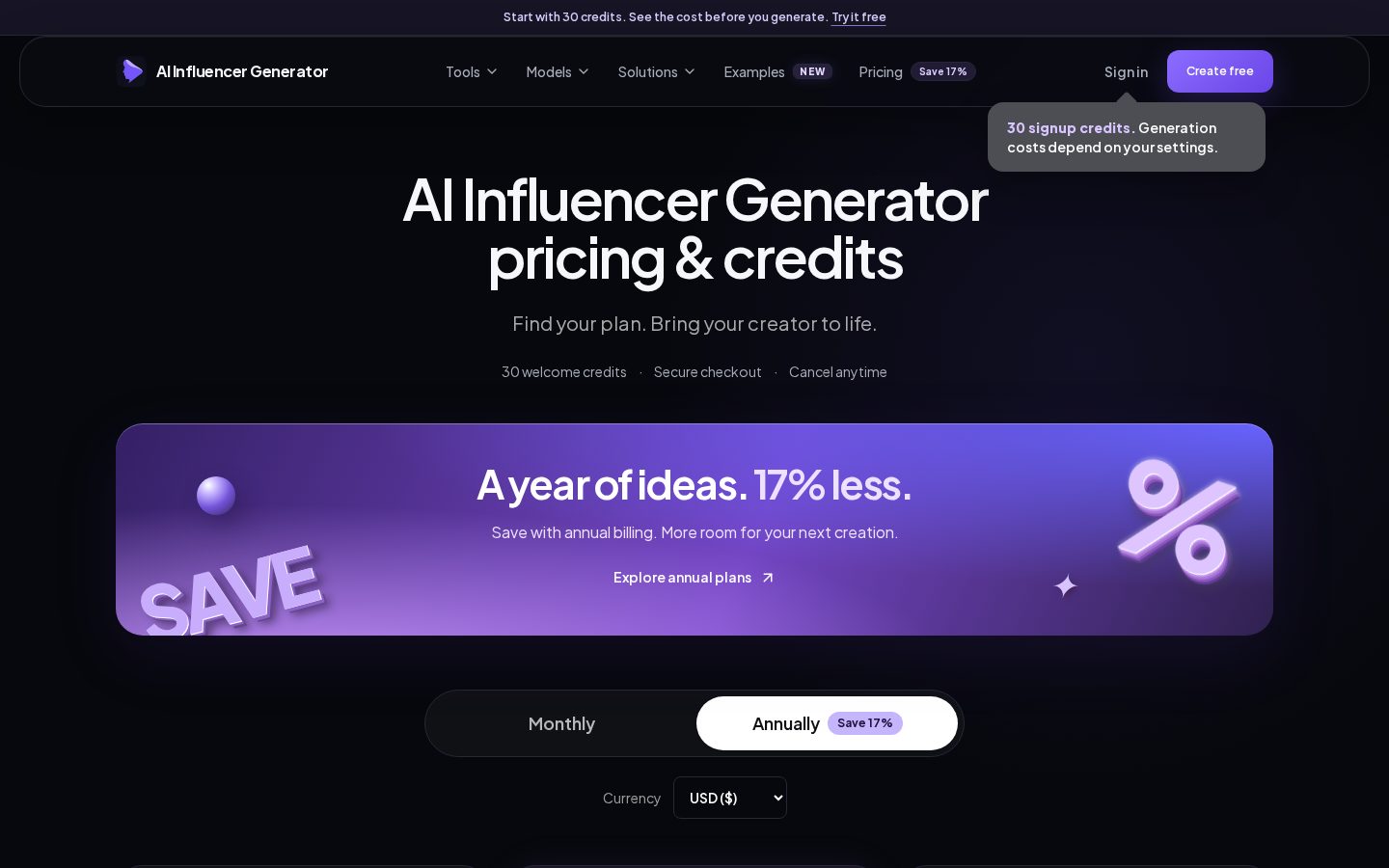 AI Influencer Generator Pricing