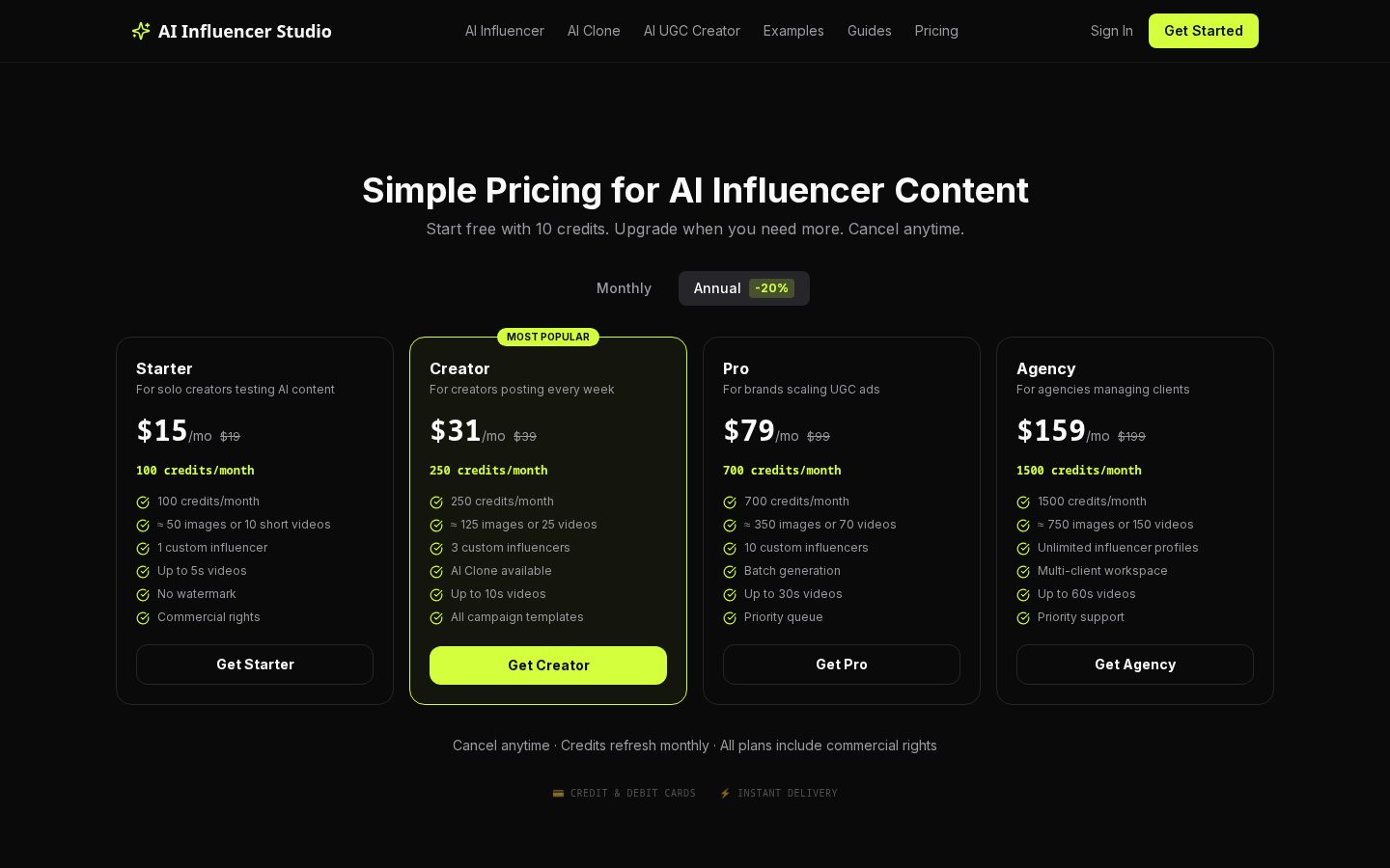 AI Influencer Studio Pricing