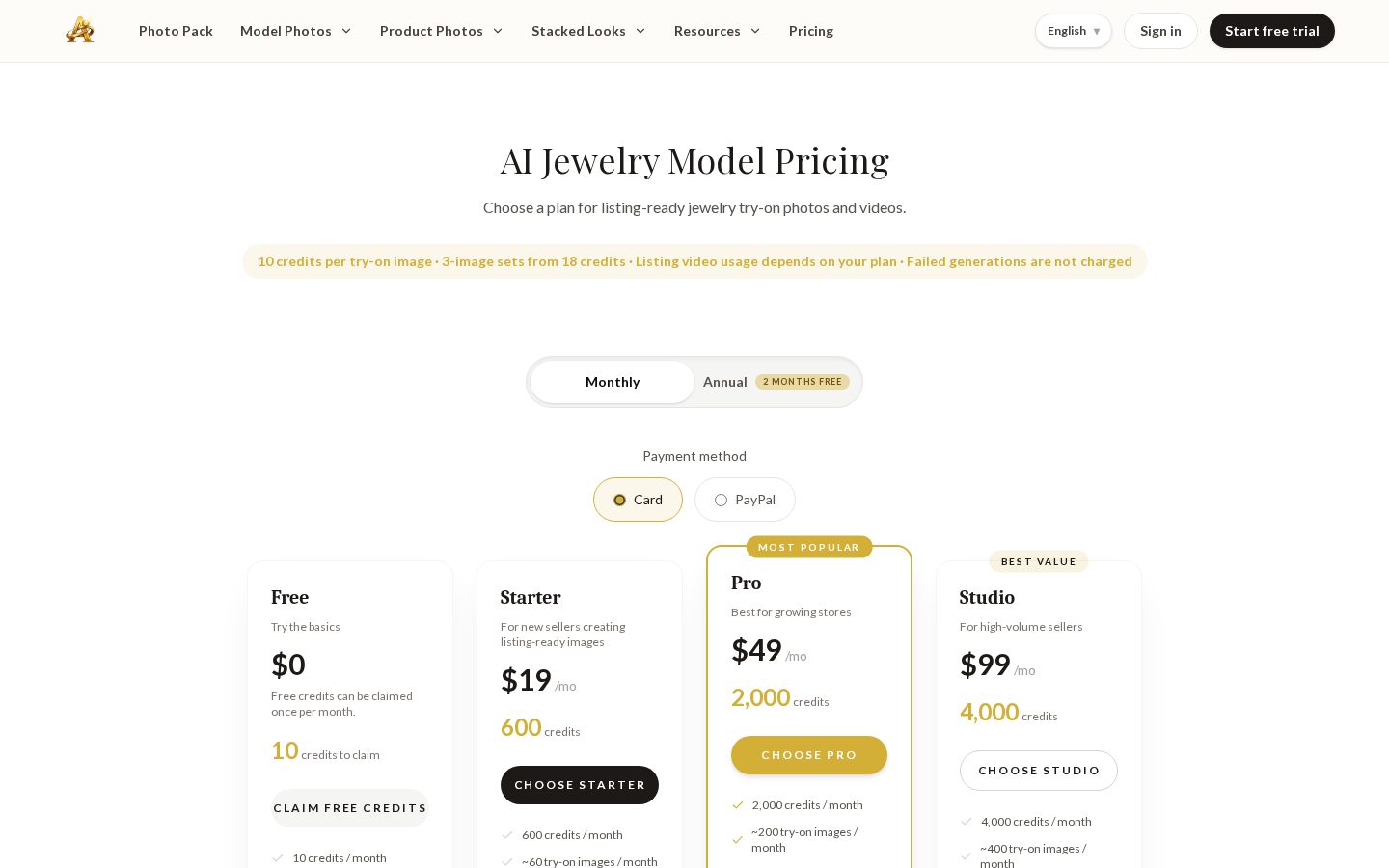 AI Jewelry Model Pricing
