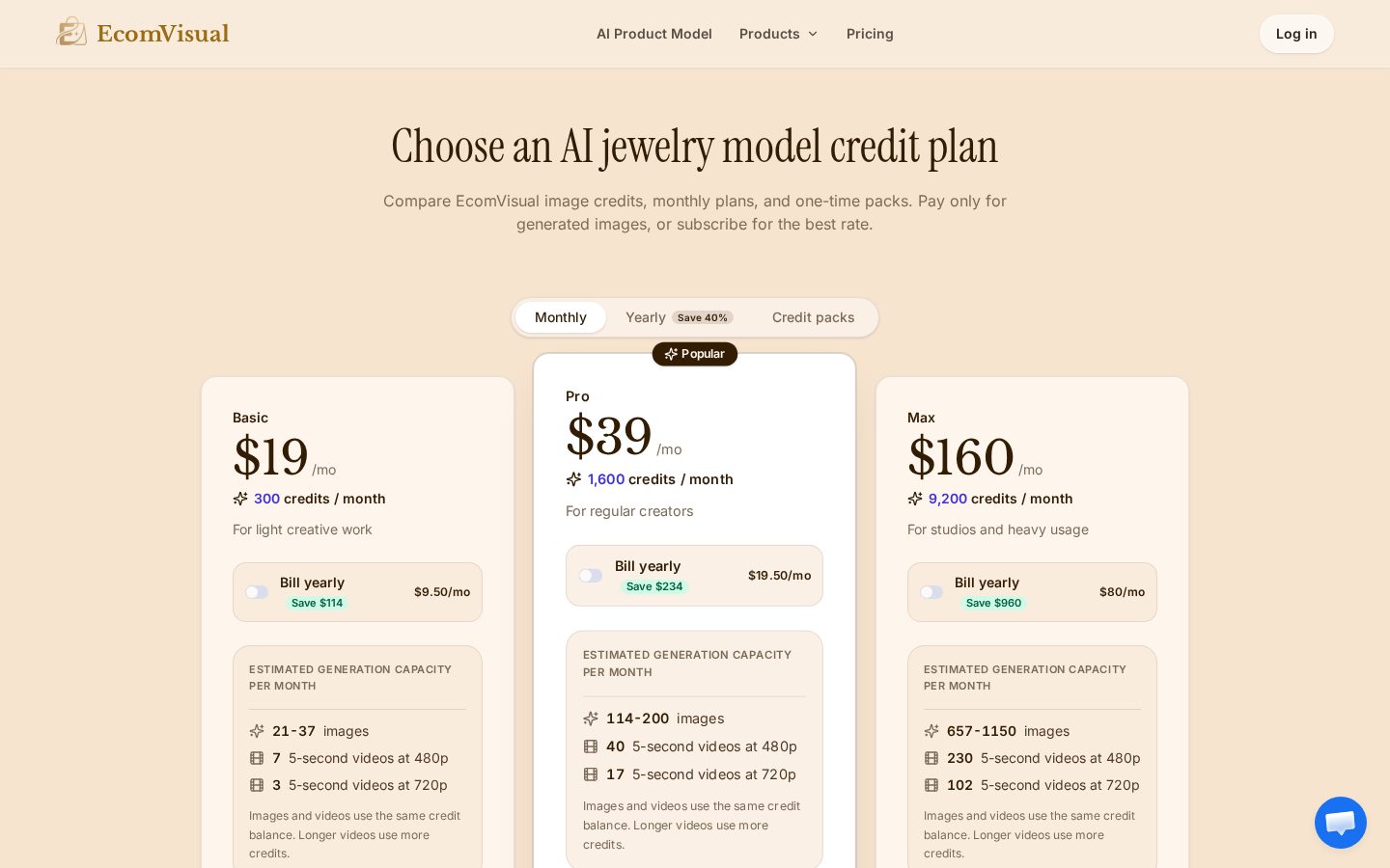 AI jewelry model visuals Pricing