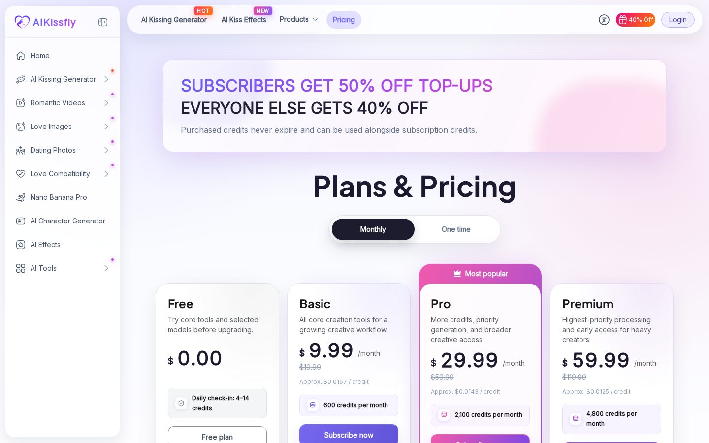AI Kissing Generator Pricing