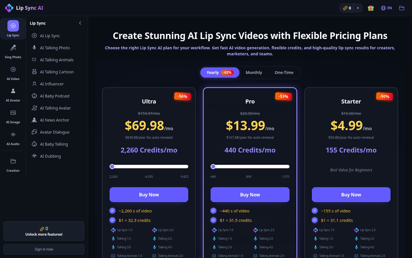 AI Lip Sync Generator Pricing