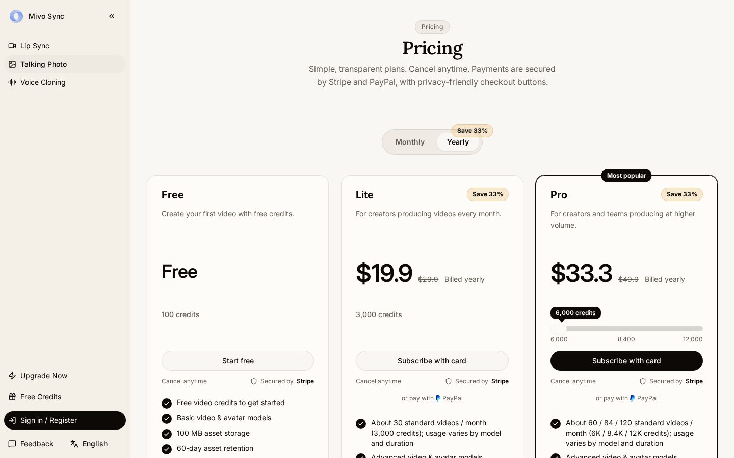 AI Lip Sync Video Pricing