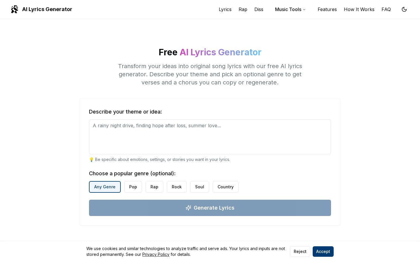 AI Lyrics Generator Homepage