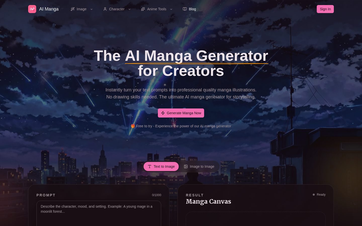 AI manga generator Homepage
