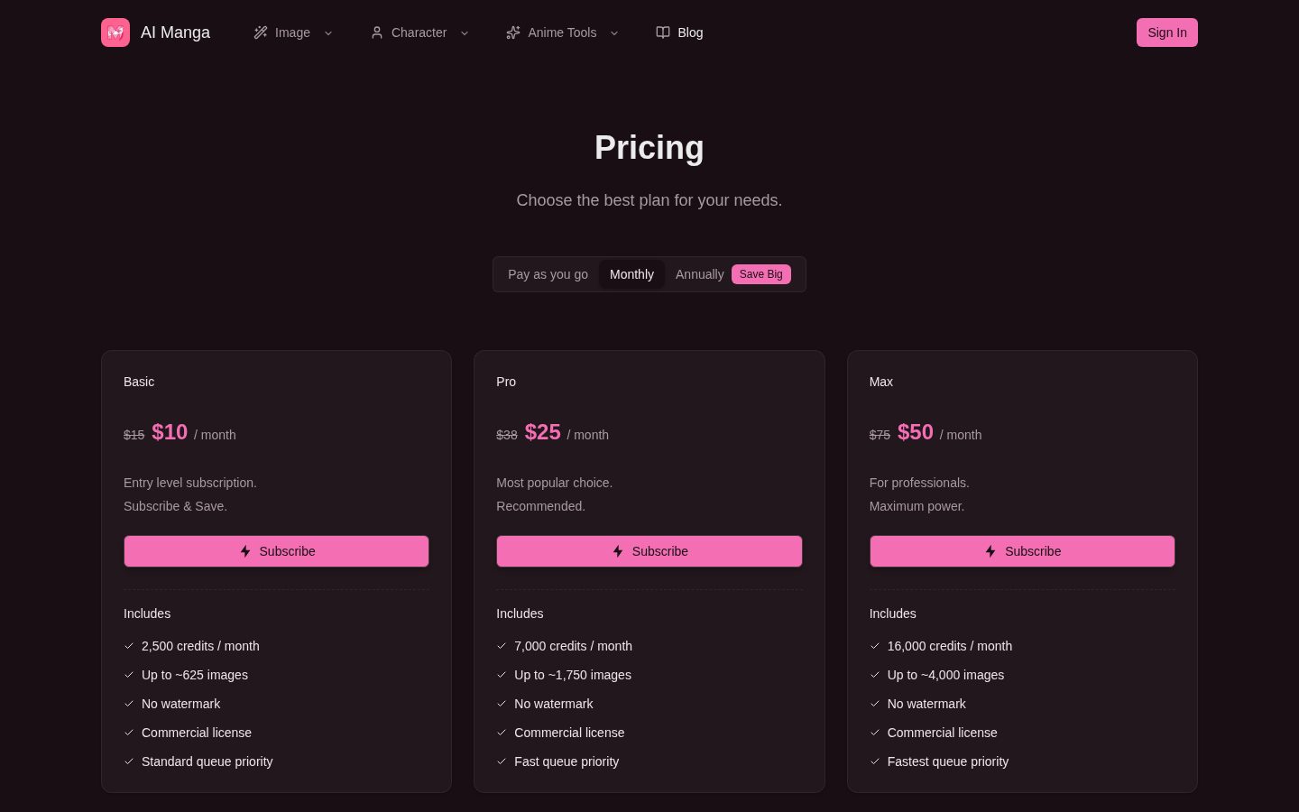 AI manga generator Pricing