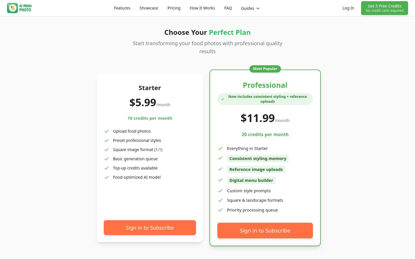 AI Menu Photo Pricing