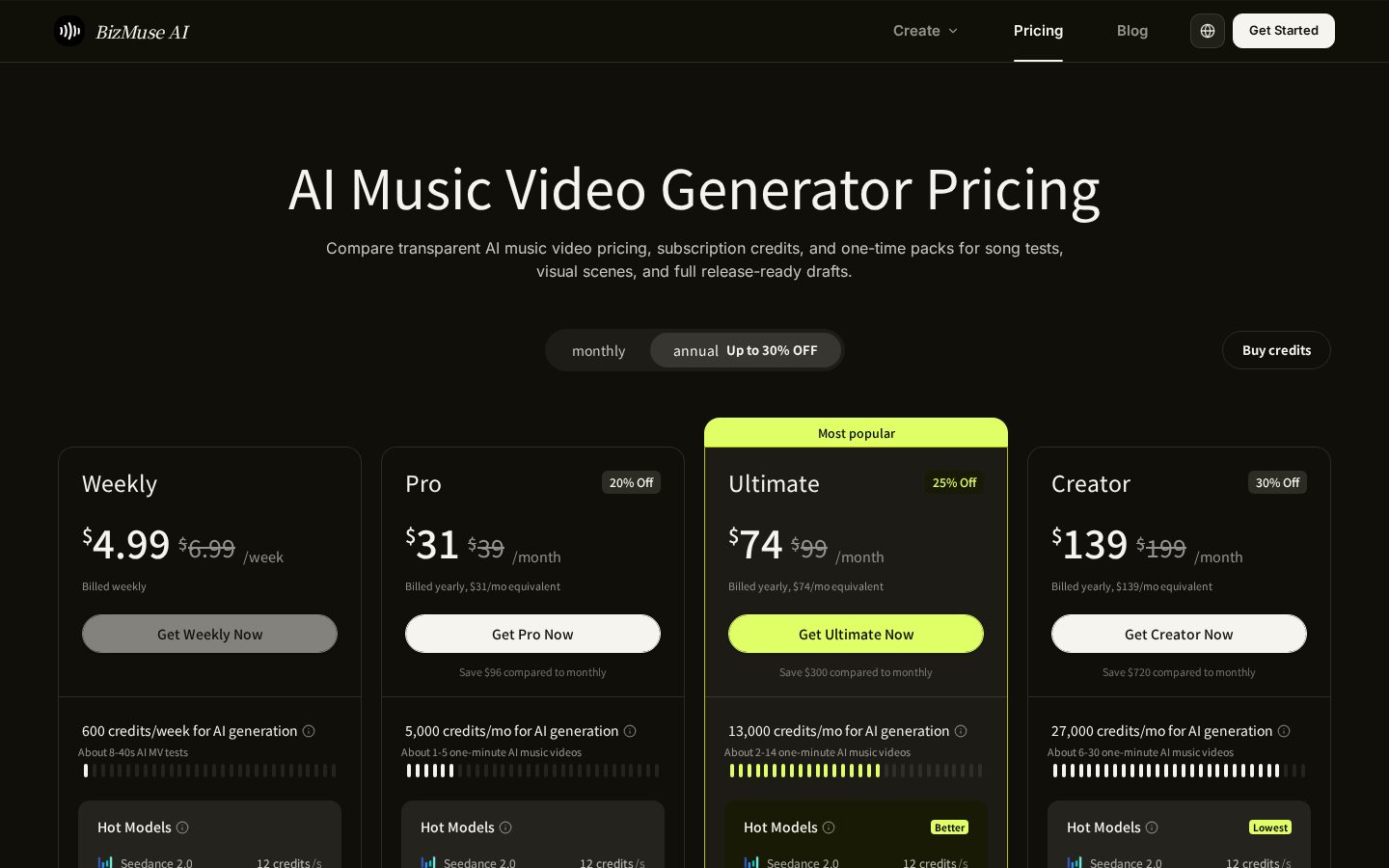 AI Music Video Generator with Bizmuse AI Pricing