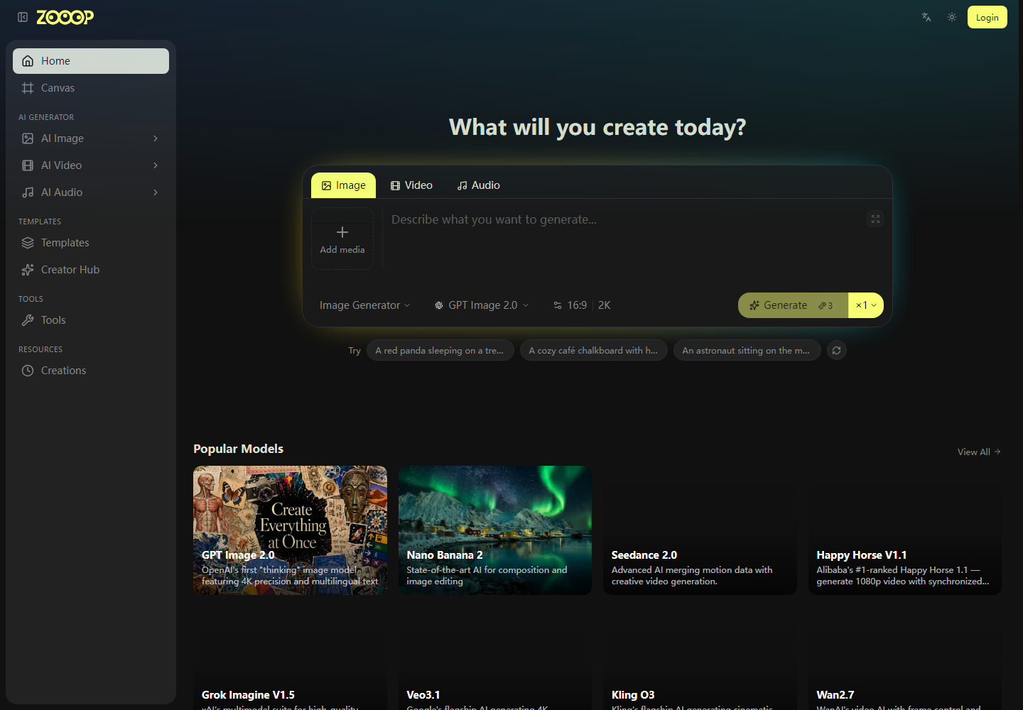 AI-native Creative Platform homepage