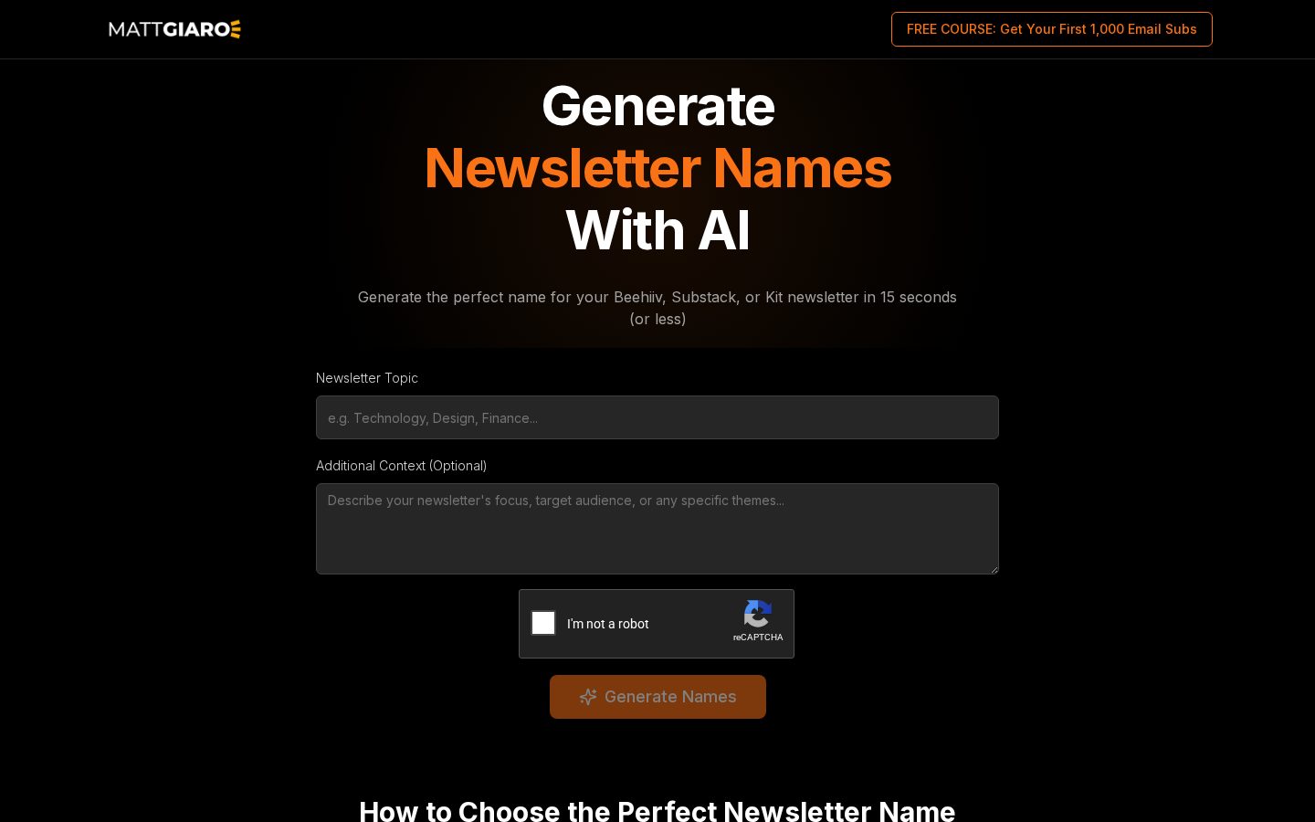 AI Newsletter Name Generator Homepage