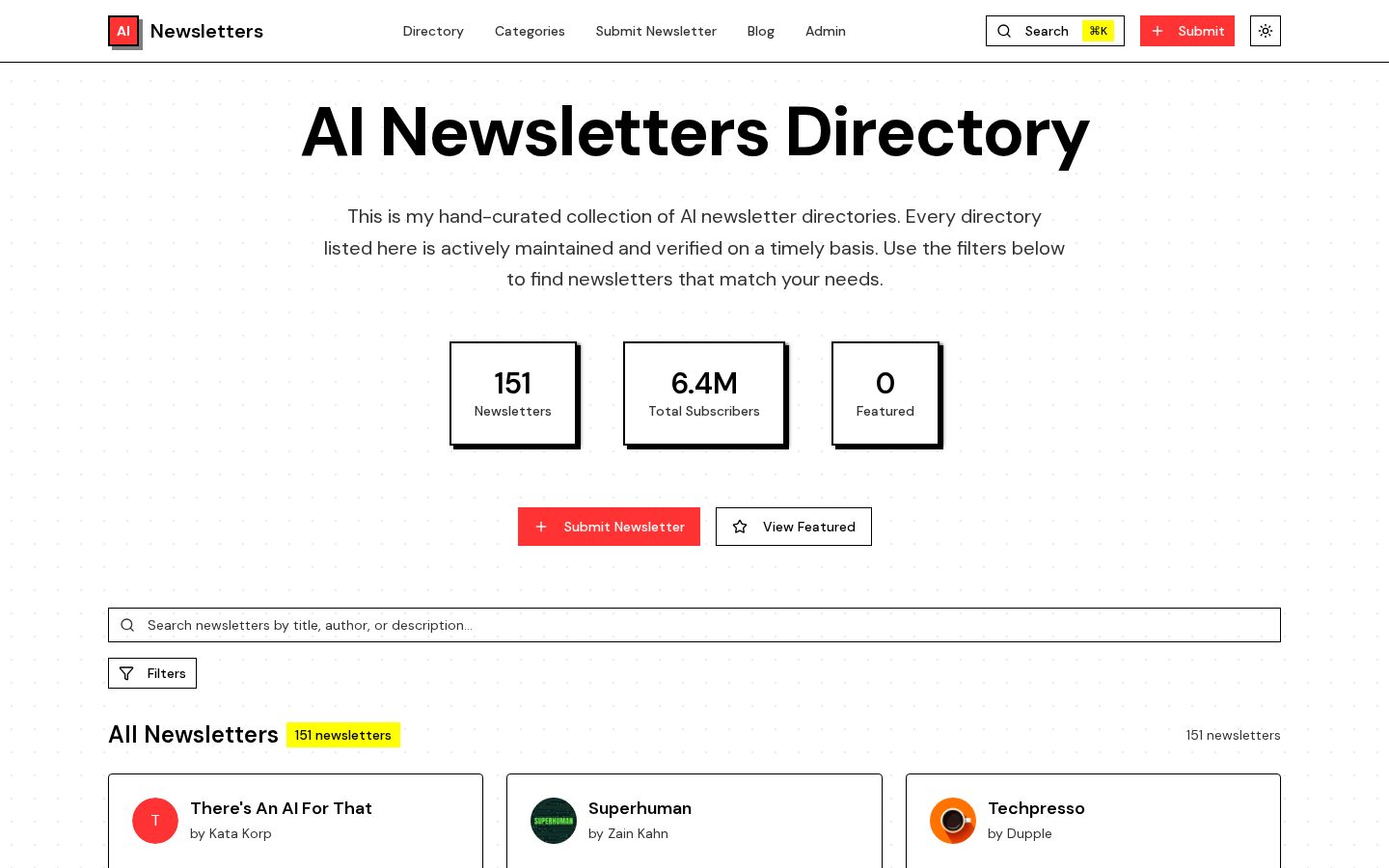AI Newsletters Directory Homepage