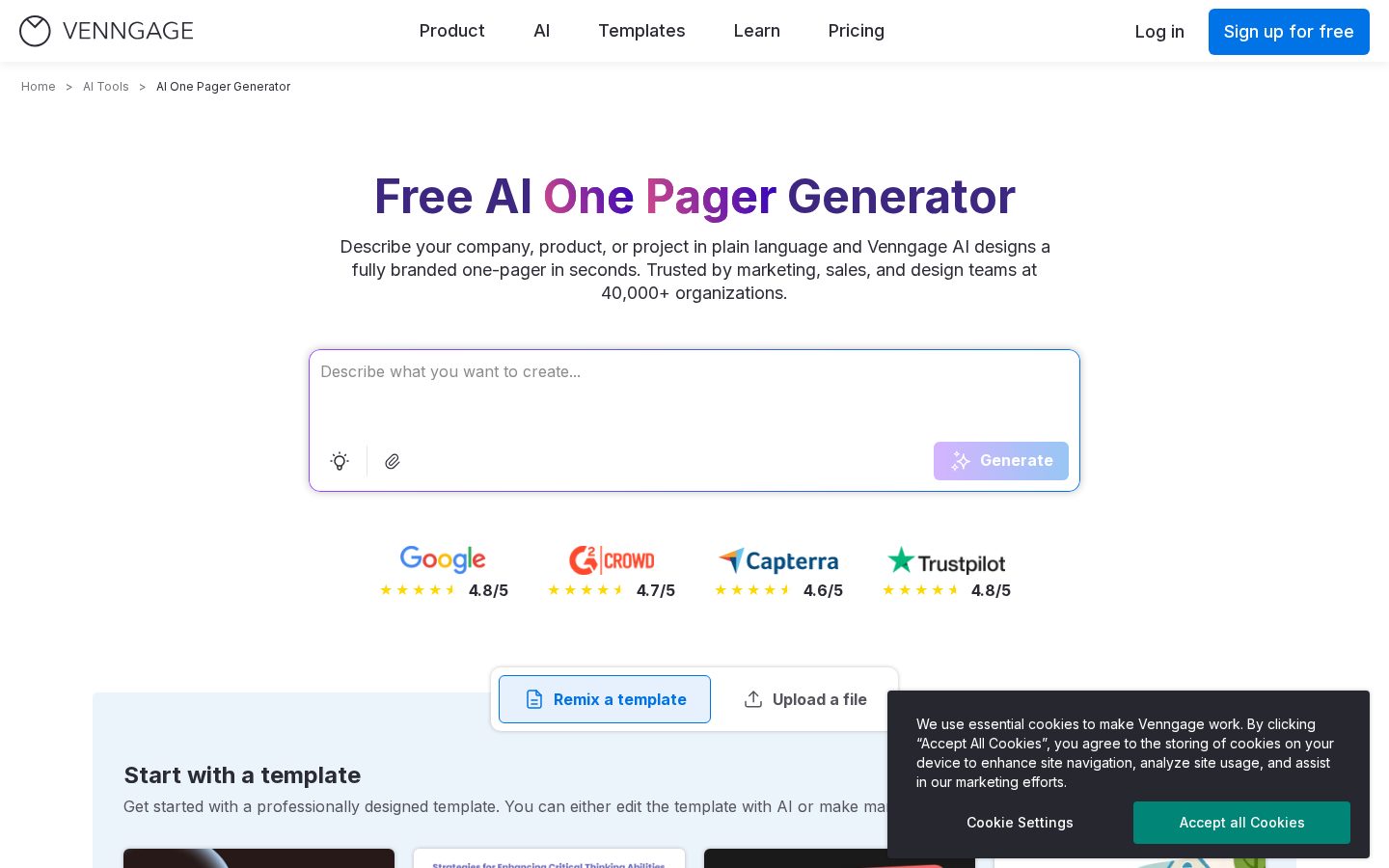AI One Pager Generator Homepage