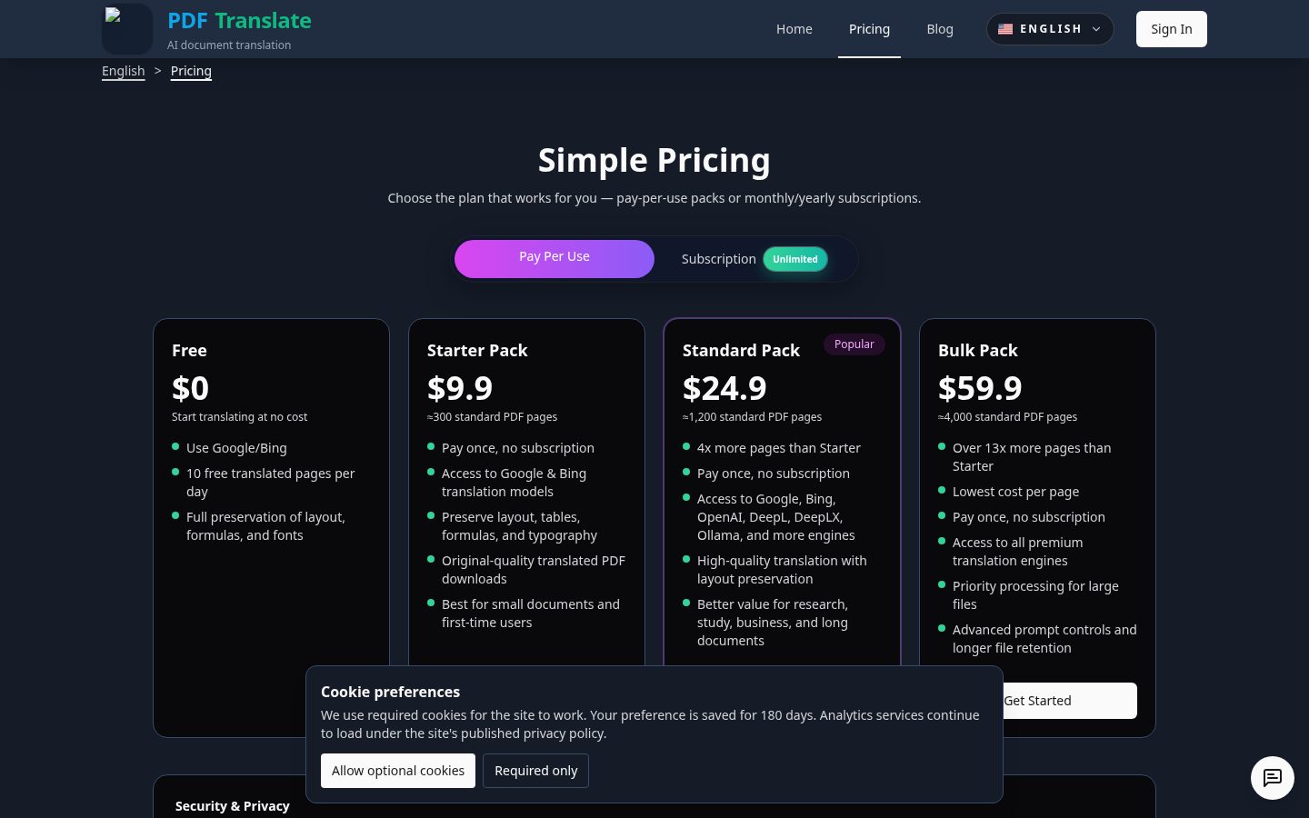 AI PDF Translate Pricing