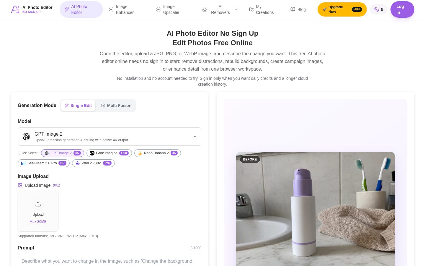 AI Photo Editor No Sign Up Homepage