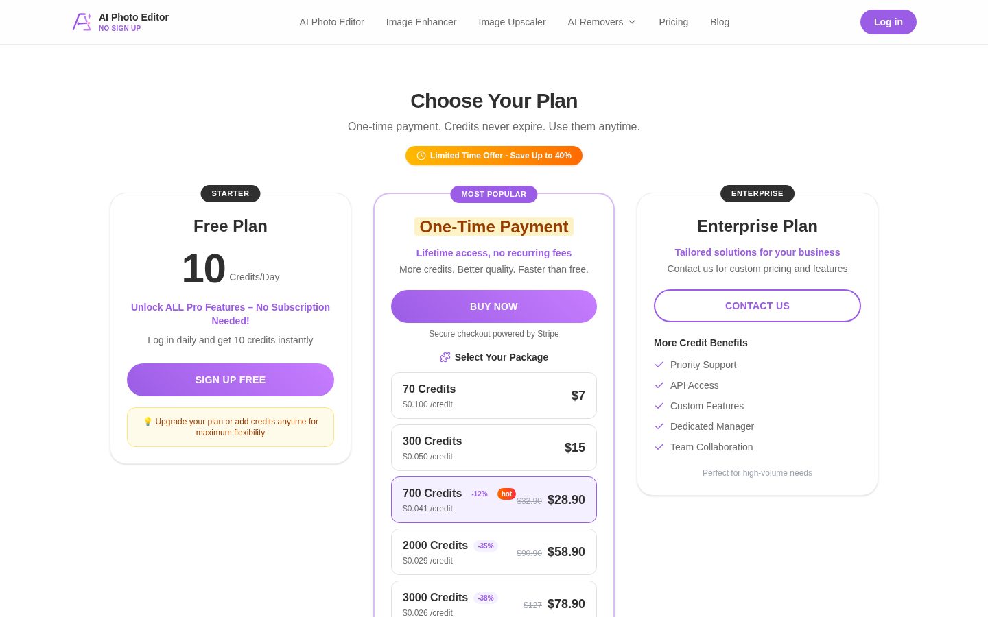 AI Photo Editor No Sign Up Pricing