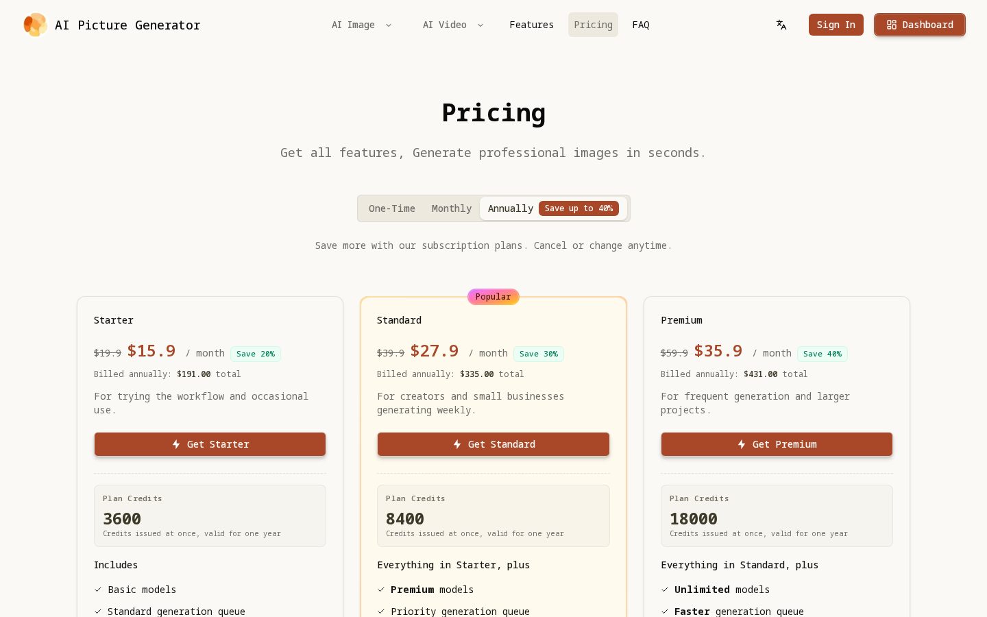 AI Picture Generator Pricing