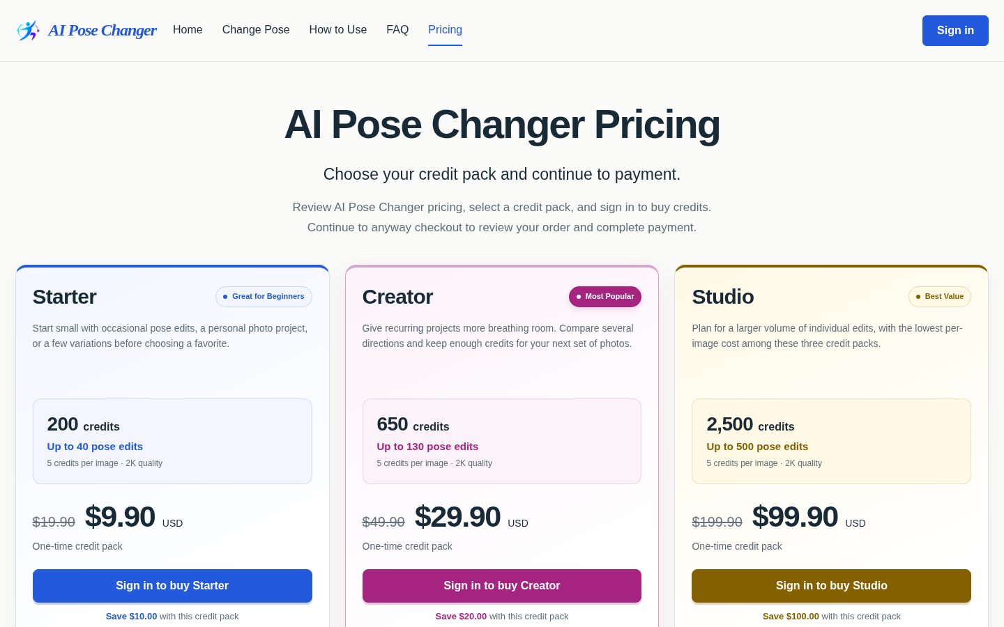 AI Pose Changer Pricing