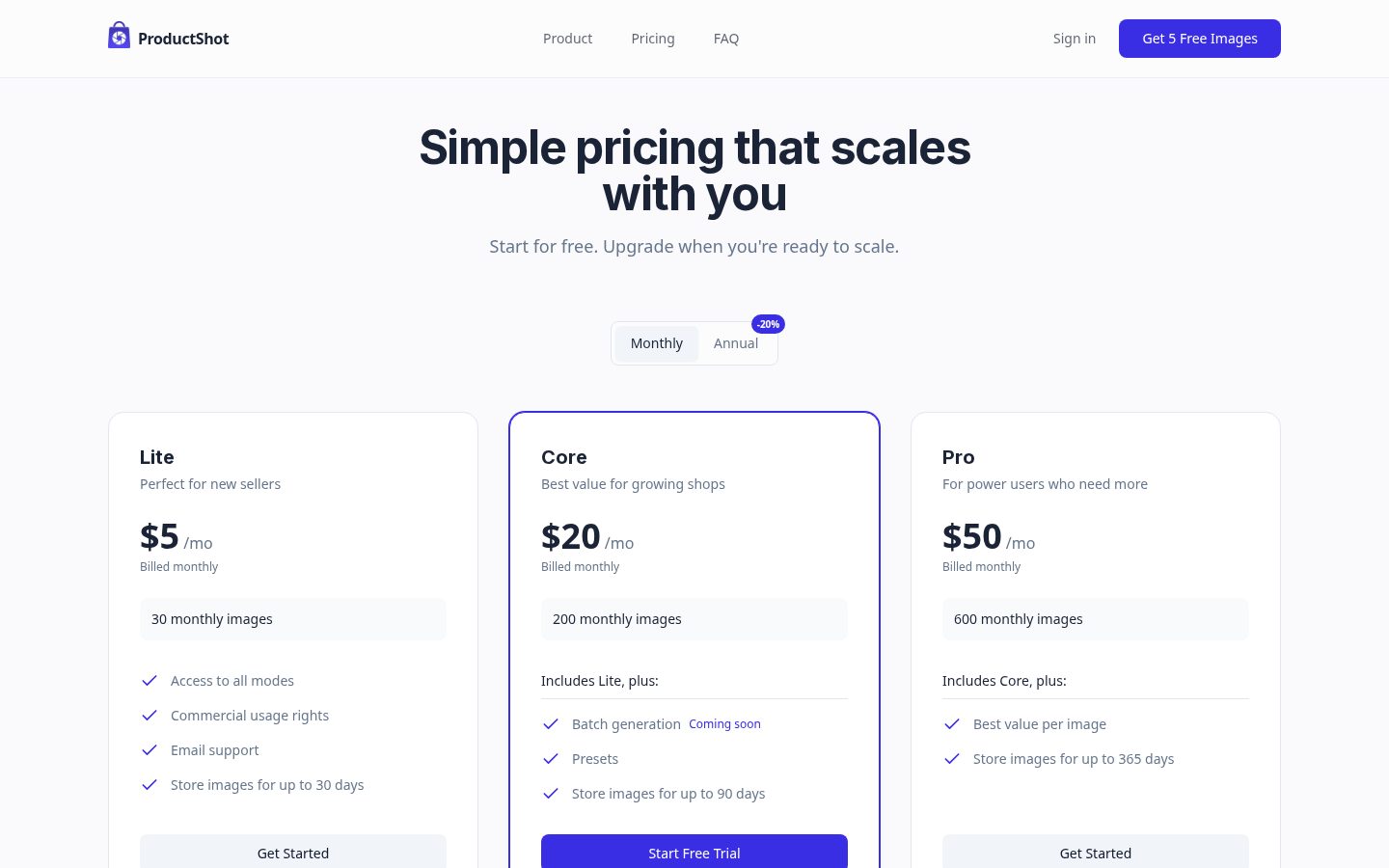 AI Product Shot Pricing