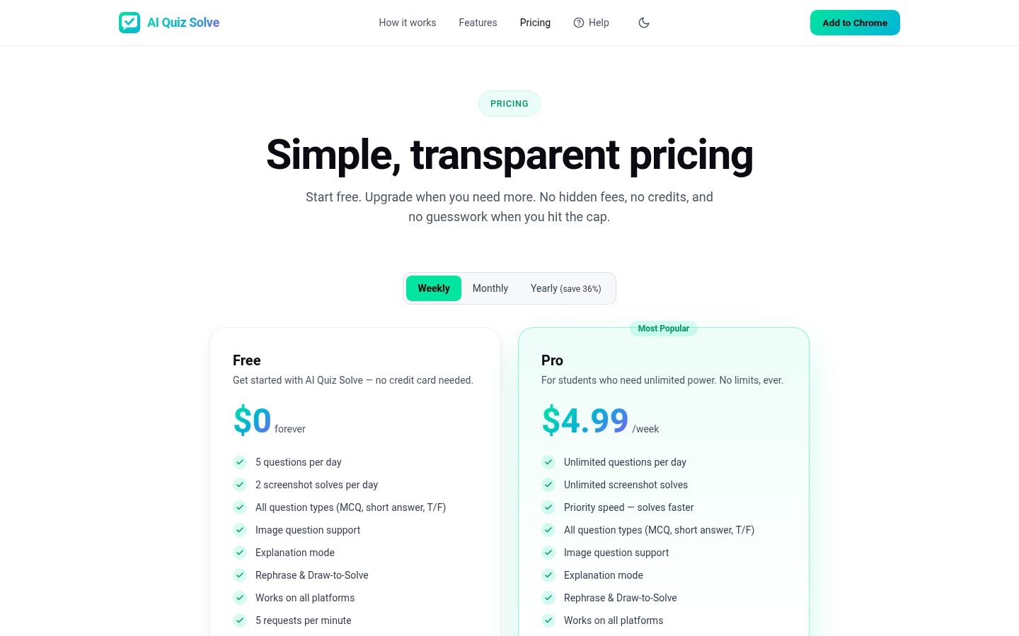 AI Quiz Solve Pricing