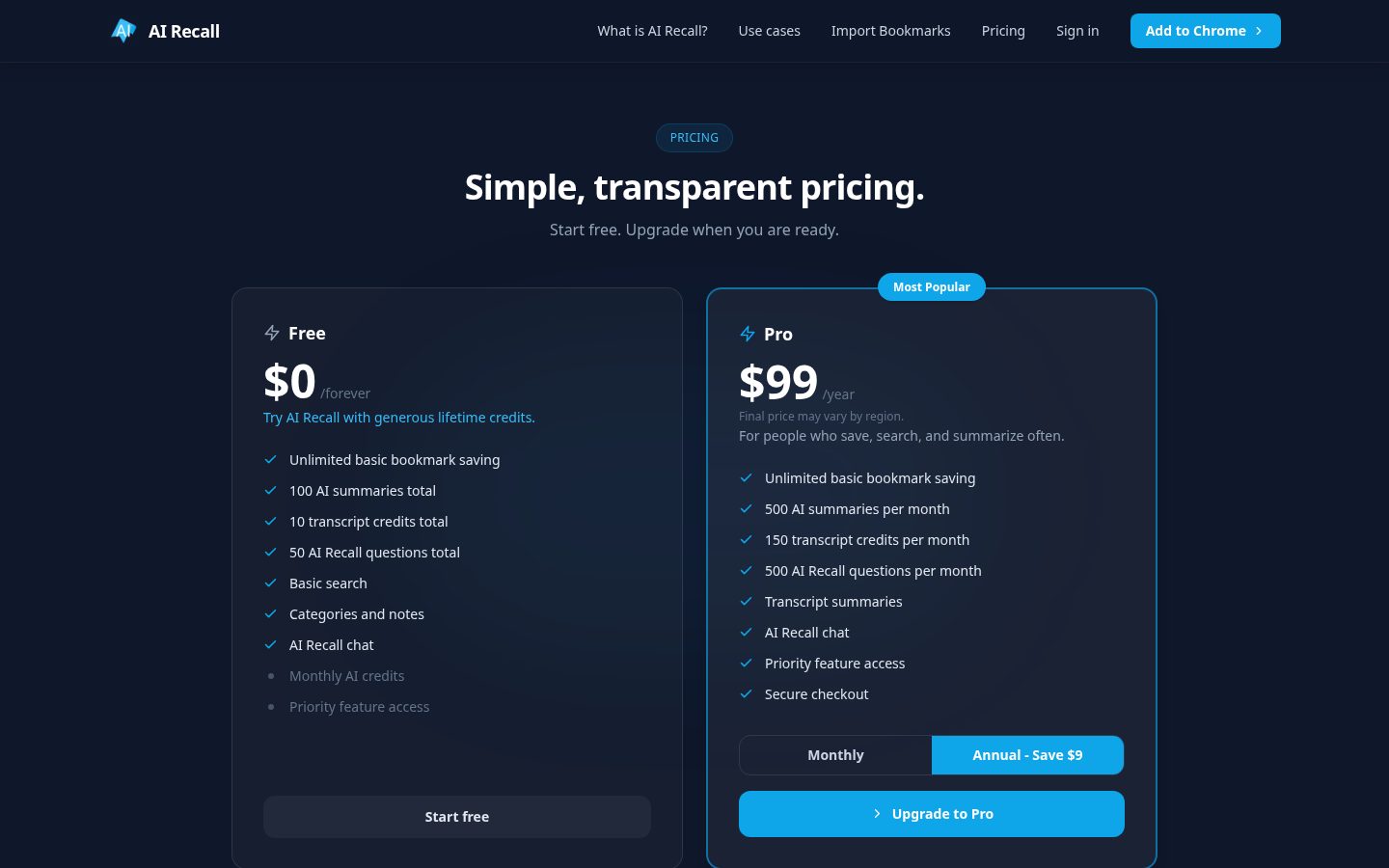 AI Recall Pricing