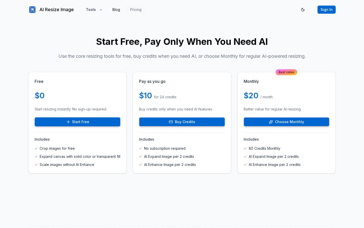 AI Resize Image Pricing