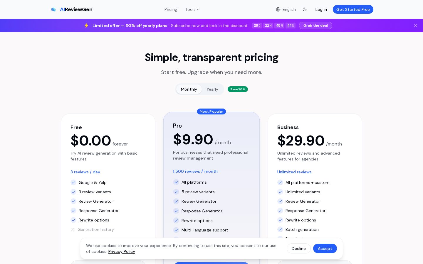 AI Review Generator Pricing