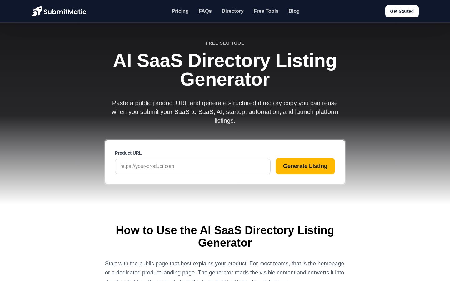 AI SaaS Directory Listing Generator Homepage