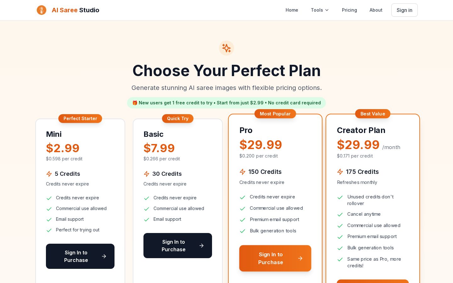 AI Saree Studio Pricing