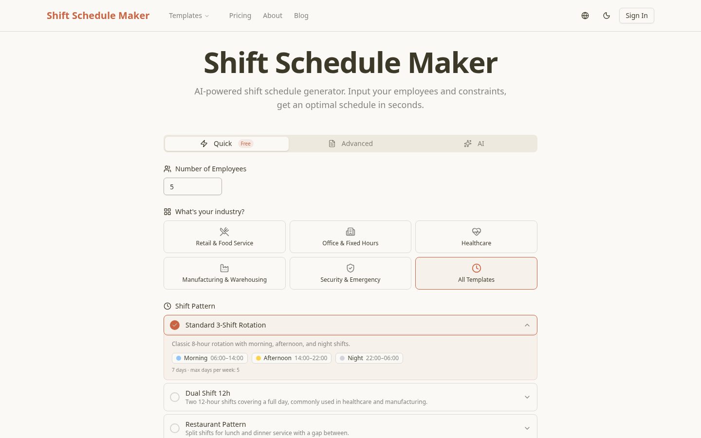 AI Shift Schedule Generator Homepage