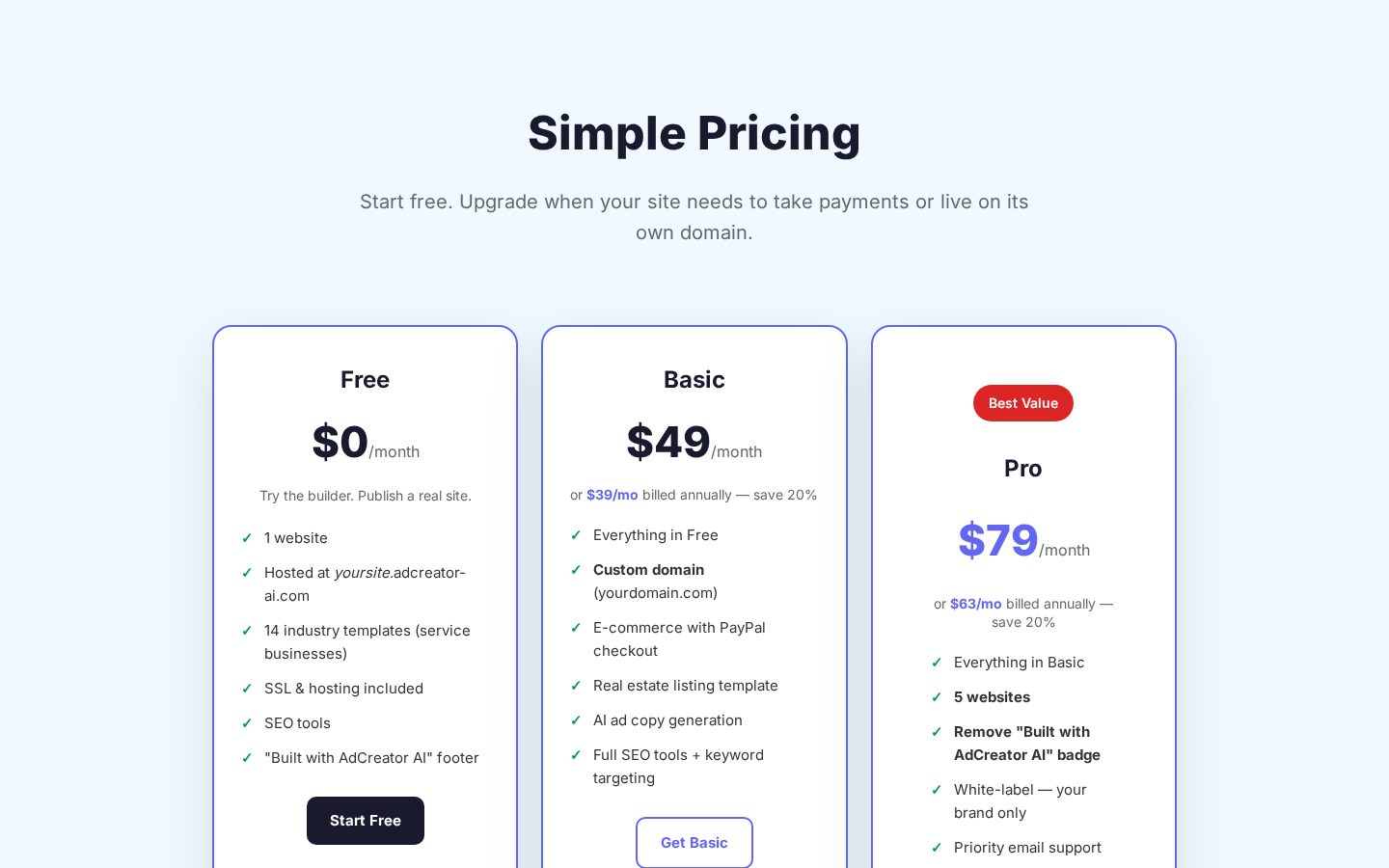 AI Site Builder Pricing