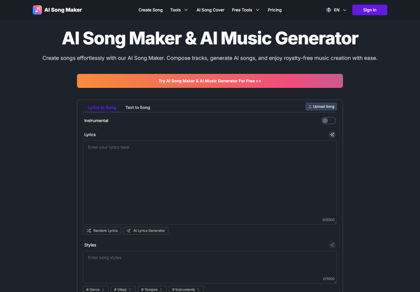 AI Song Maker homepage
