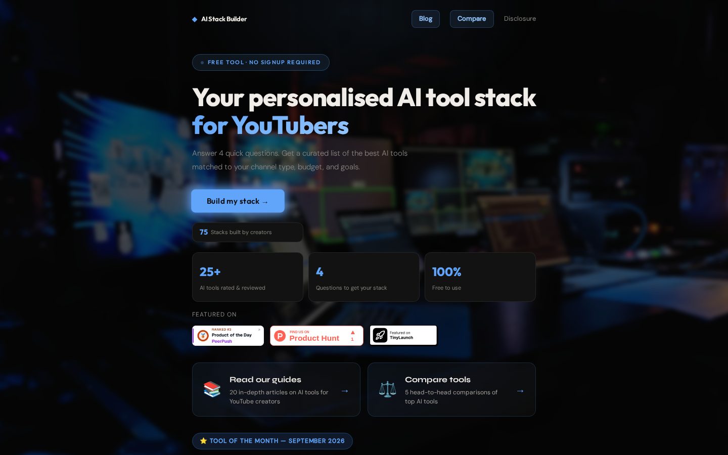 AI Stack Builder for YouTubers Homepage