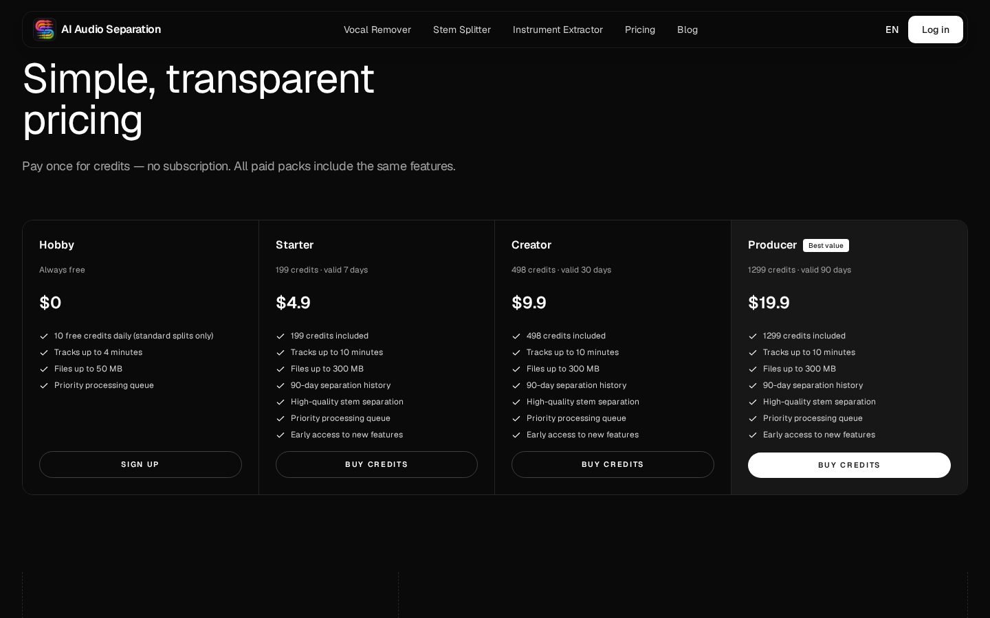 AI Stem Splitter Pricing