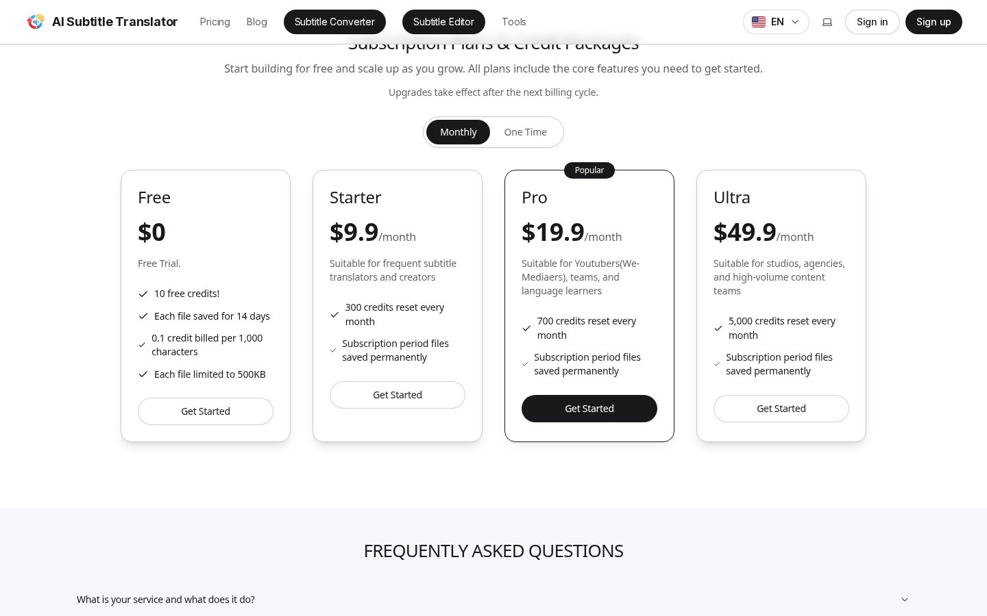 AI Subtitle Translator Pricing