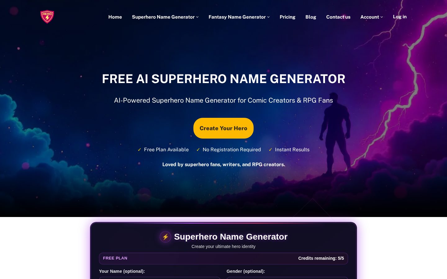AI Superhero Name Generator Homepage