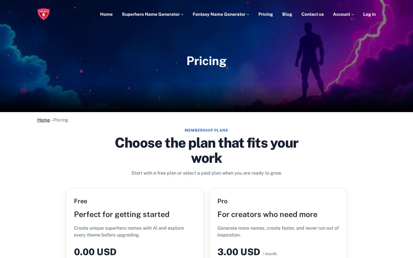 AI Superhero Name Generator Pricing