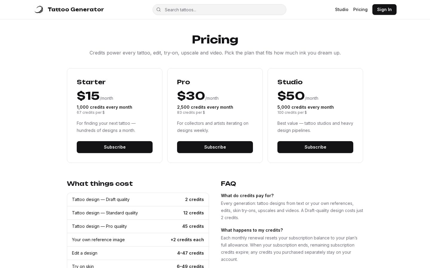 AI Tattoo Generator Pricing