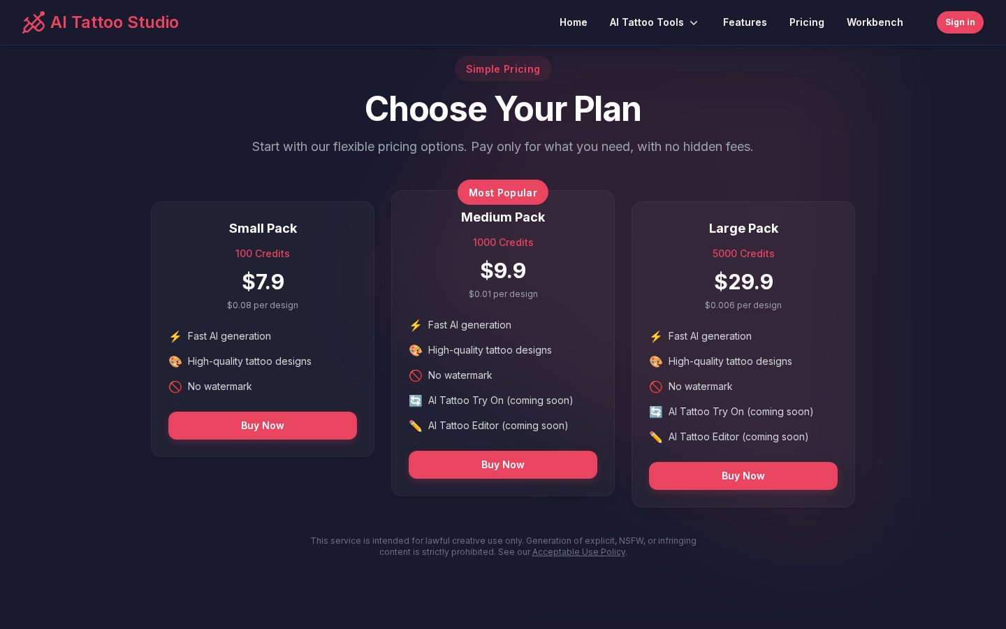 AI Tattoo Studio Pricing