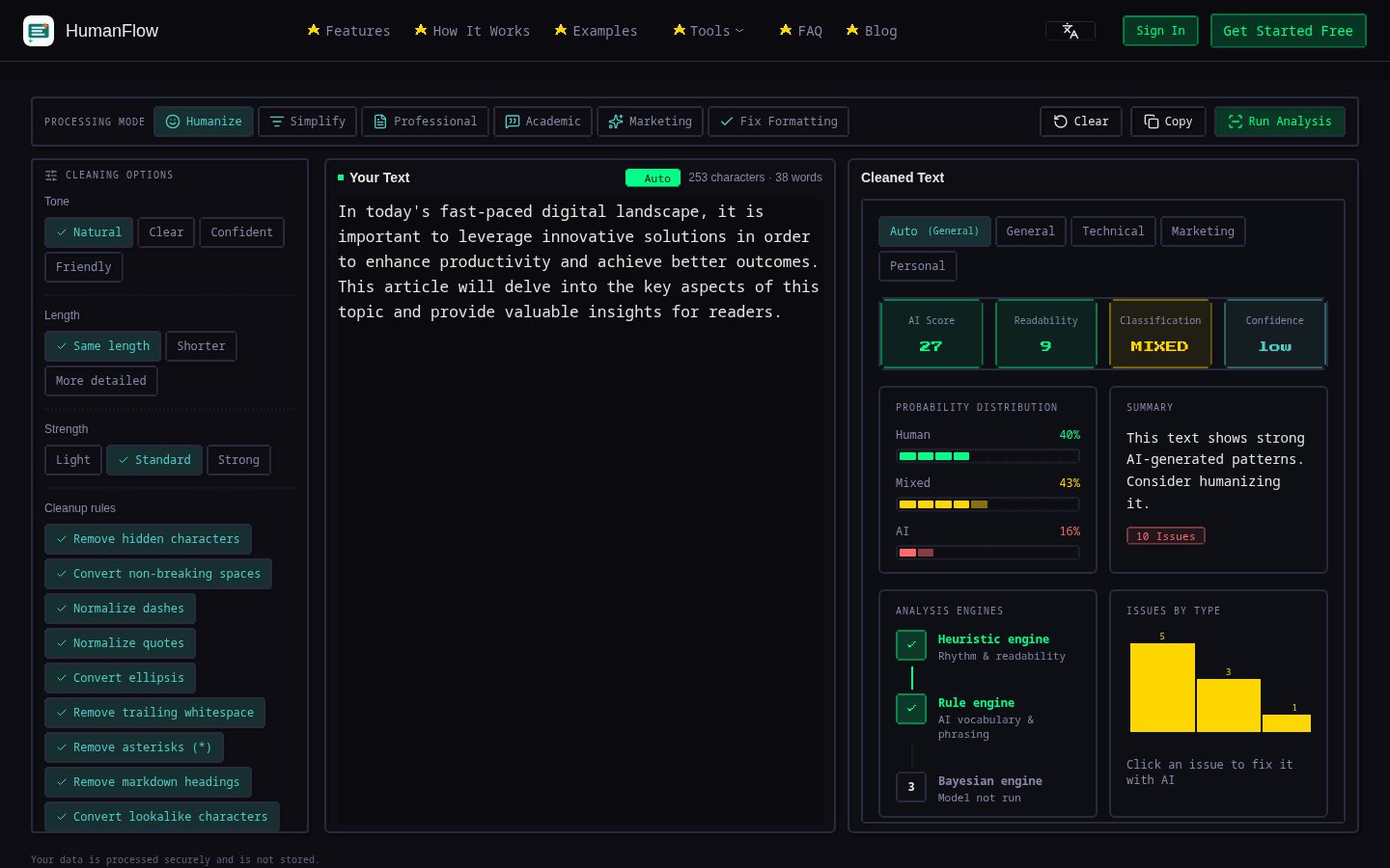 AI Text Cleaner HumanFlow Homepage