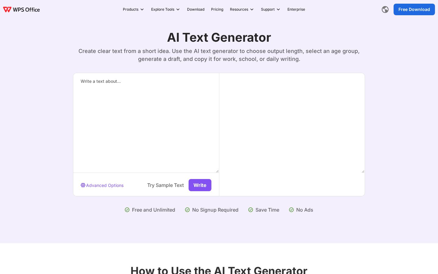 AI Text Generator Homepage