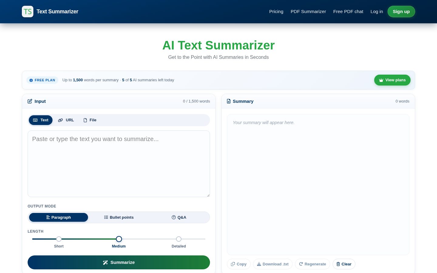 AI Text Summarizer Homepage