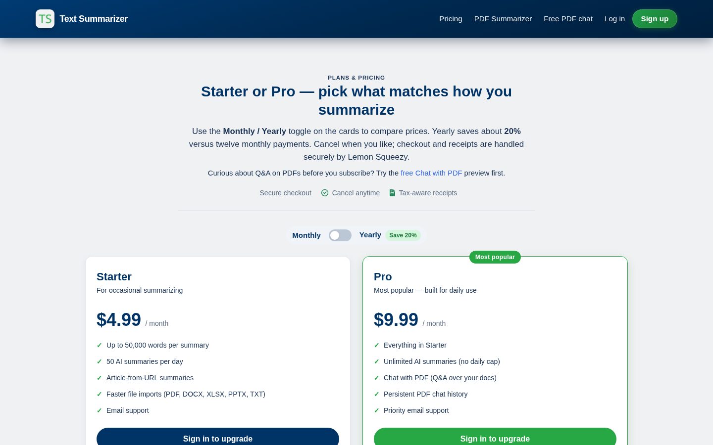 AI Text Summarizer Pricing