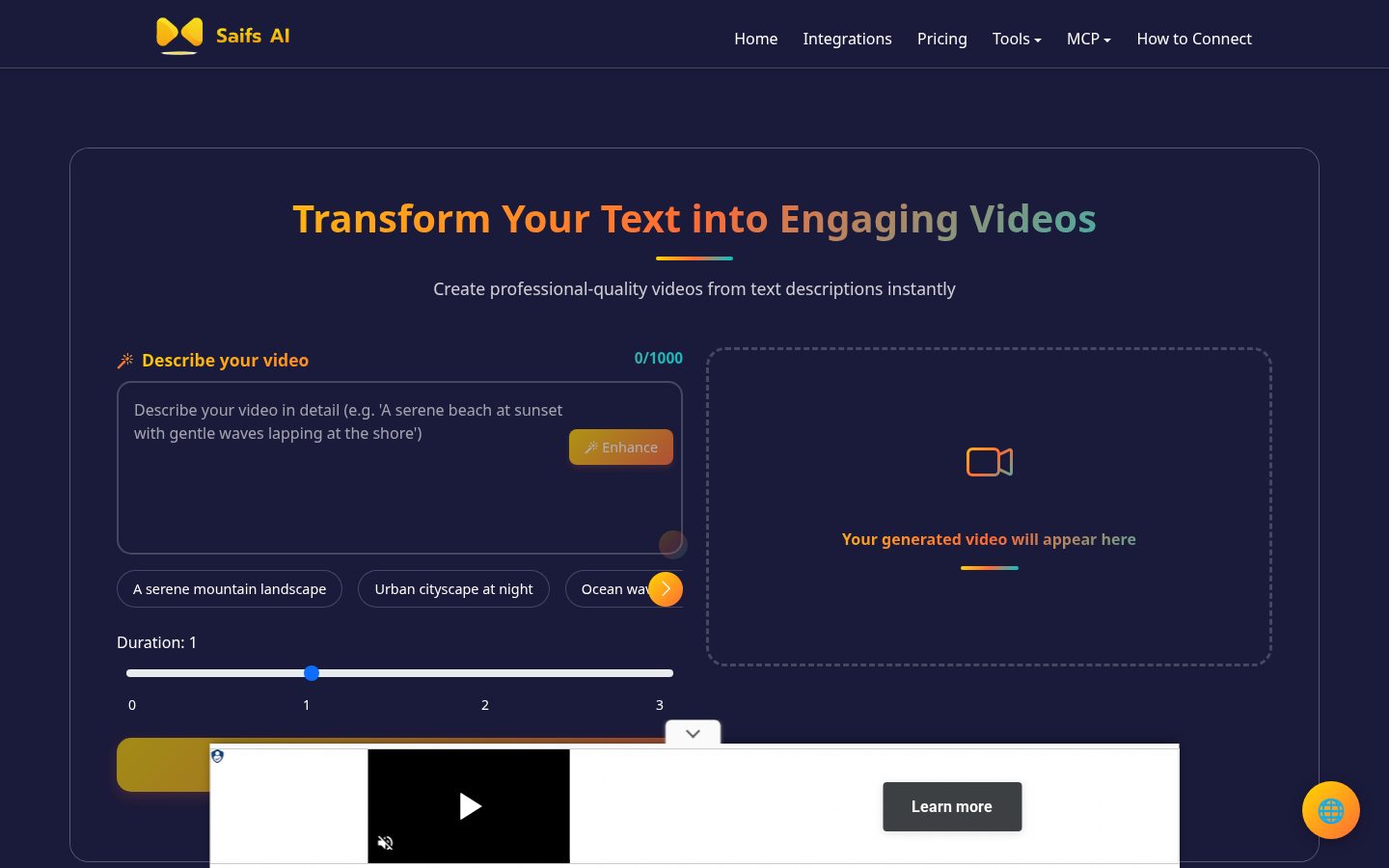 AI Text to Video Homepage