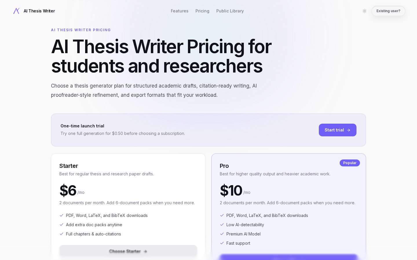 AI Thesis Writer Pricing