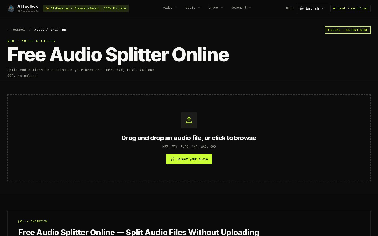 AI Toolbox Audio Splitter Homepage