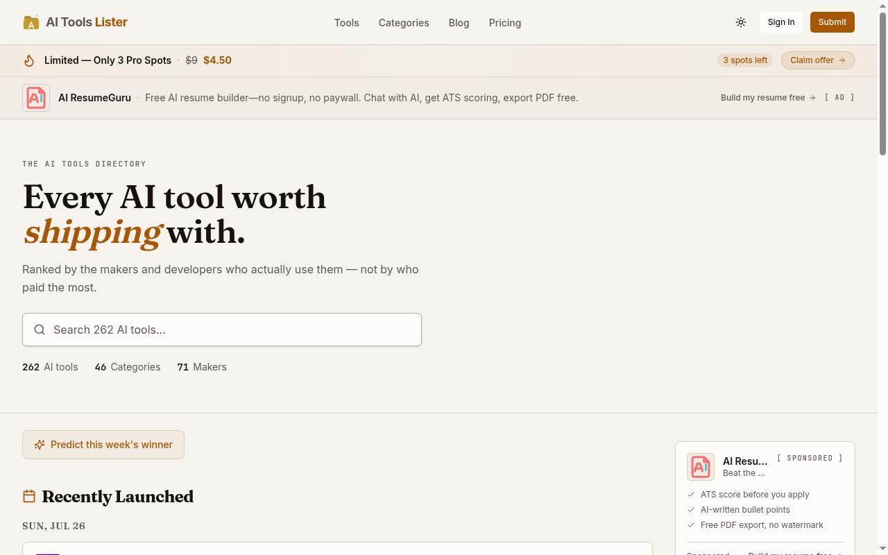 AI Tools Lister Homepage