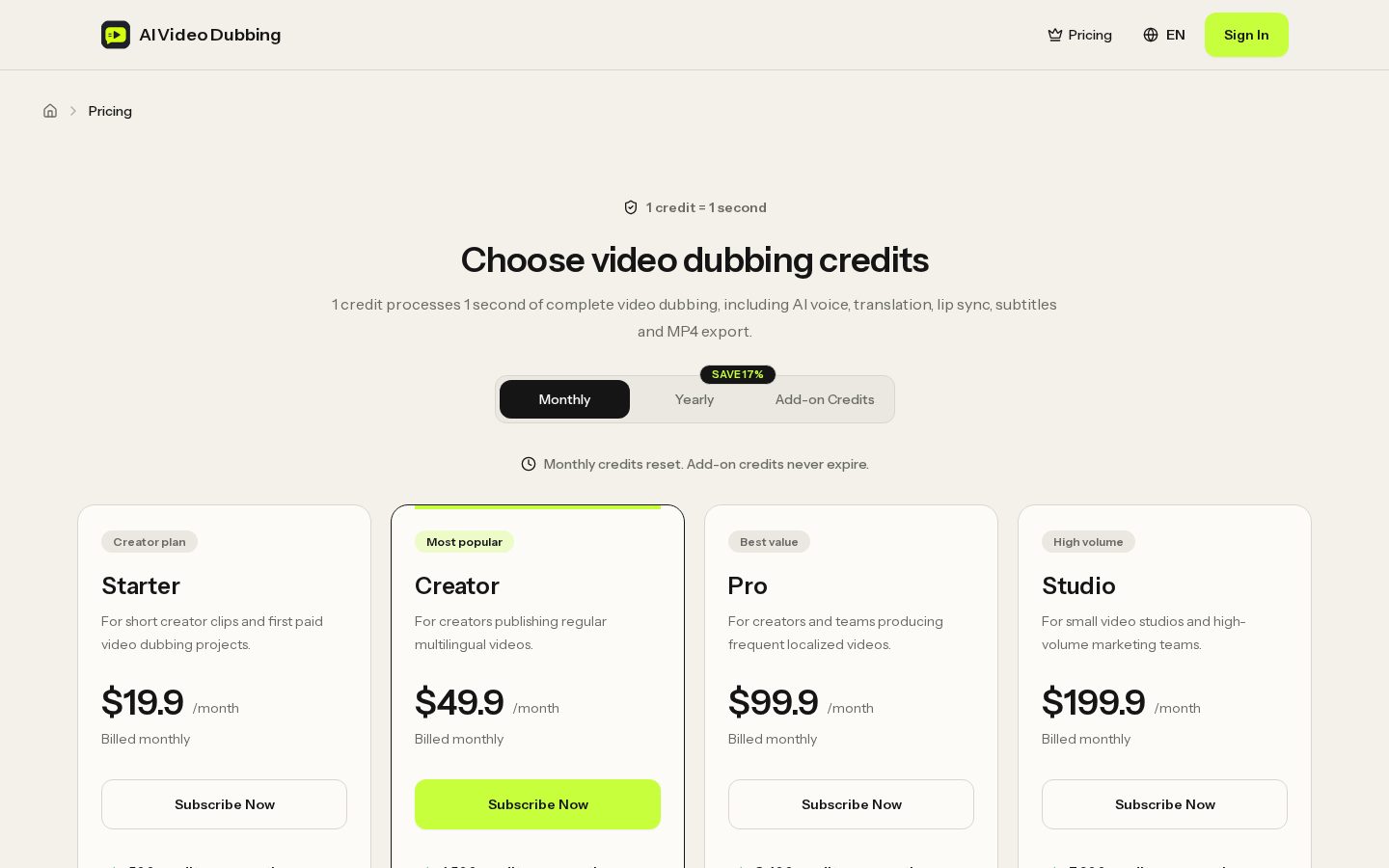 AI Video Dubbing Tool Pricing