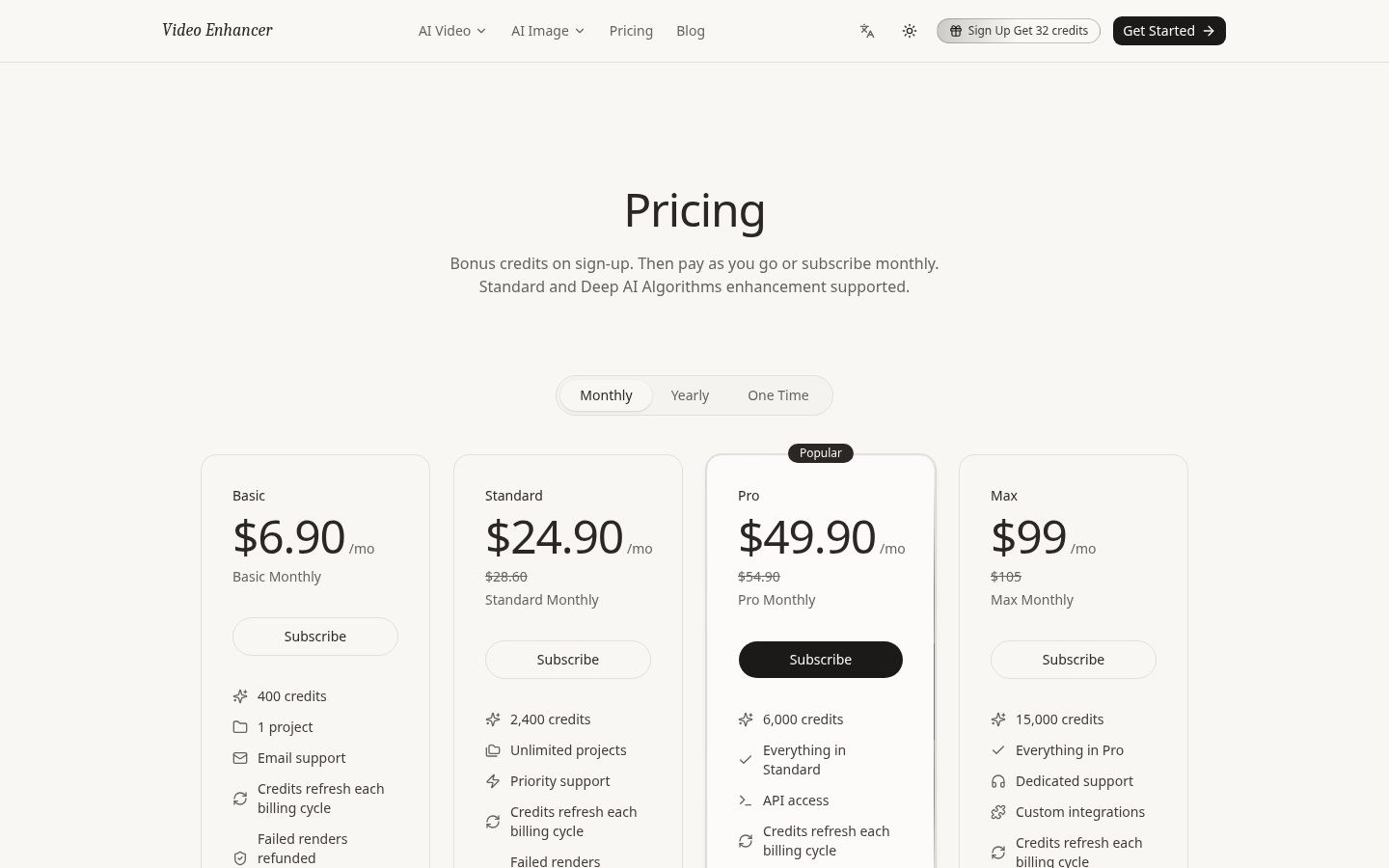 AI Video Quality Enhancer Pricing