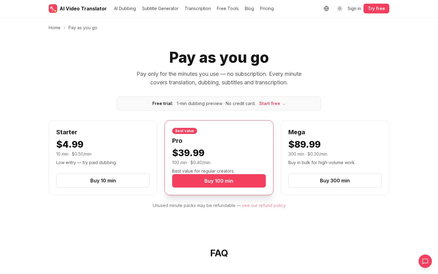 AI Video Translator Pricing