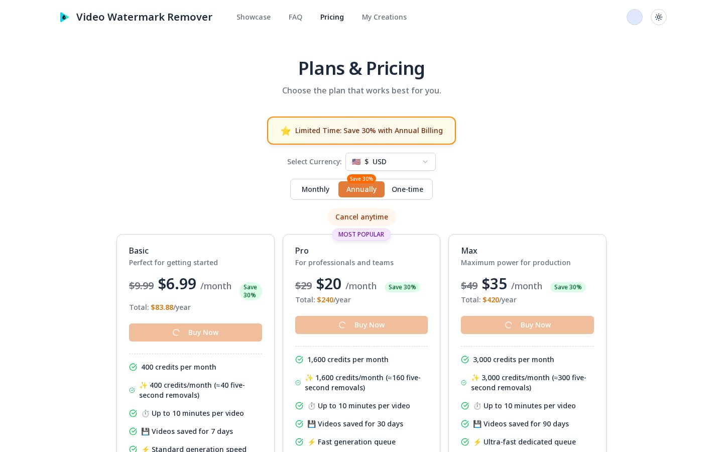 AI Video Watermark Remover Pricing